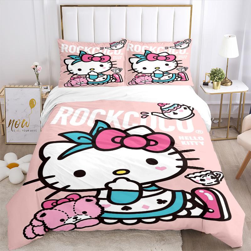 3 шт. Розовый чайник с рисунком Hello Kitty Комплект постельного белья из трех предметов (1 Наволочка + 2 Наволочки, Без Наполнителей), Мягкий и удобный W072