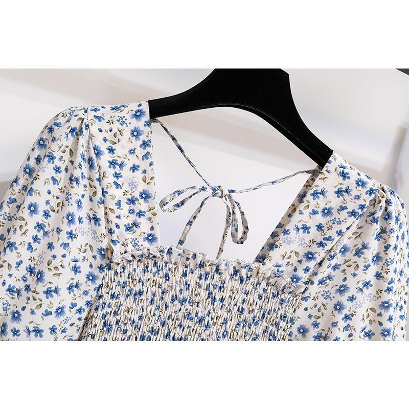 GMXIA Женская мода весна осень цветочный принт короткий длинный рукав квадратный воротник высокая талия повседневные платья