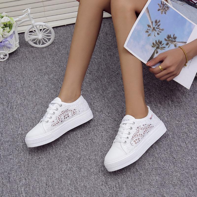 Белые кроссовки Женская модная летняя обувь для женщин Повседневная кружевная парусиновая полая дышащая платформа кроссовки Tenis Feminino