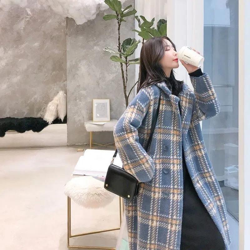 Autumn and Winter New Mid-length Plaid Imitation Mink Velvet Coat Korean Version Loose Thickened Woolen Cardigan Women Coat