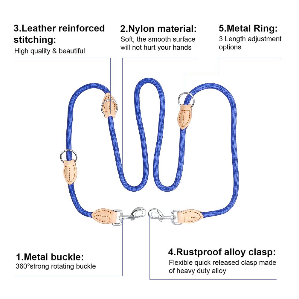 2-е поколение многоцелевых поводков для больших собак, средний регулируемый и нейлоновый роскошный поводок без помощи рук для 2 собак