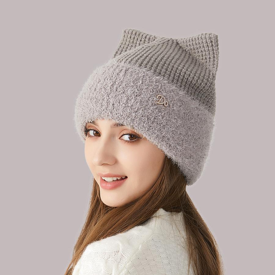 Женская зимняя вязаная шапка с кошачьими ушками, толстая защита ушей, однотонная шерстяная шапка с рукавами, шапочки с черепами