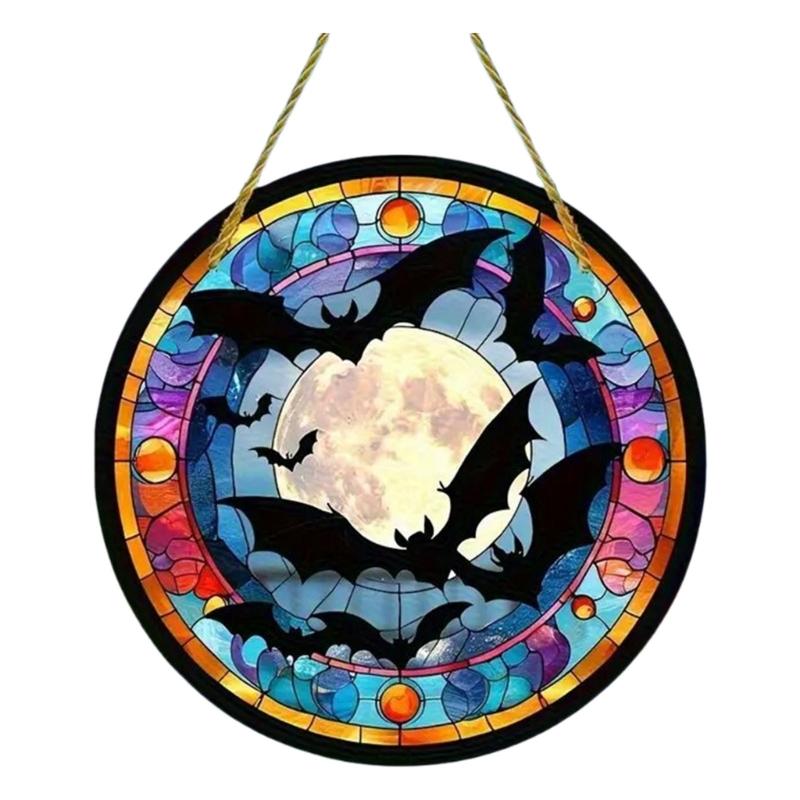  Halloween Bat Stained Glass Suncatchers Window Hangings Colorful Glass Panel Wall Art Decors Housewarmings Gift