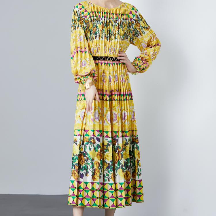 Весна Осень Женские Дизайнерские Платья С Принтом Оверсайз Длинные Макси Праздничные Вечерние Плиссированные Платья с Поясом