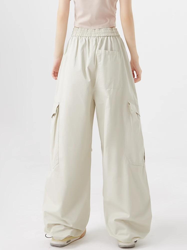 Women Big Pockets Cargo Pants Y2k High Elastic Waist Drawstring Baggy Trousers Vintage Casual Loose Wide Leg Straight Pants