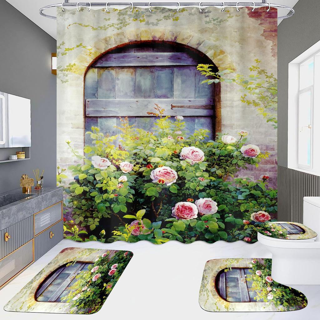 4 шт., наборы занавесок для душа в европейском стиле с архитектурой замка Мандала для ванной комнаты, нескользящие коврики для ванной комнаты, крышка для унитаза, коврик для ванной