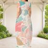 Women Plus Size Round Neck Short Sleeve Printed Light Blue White Loose Maxi Dress With Side Pockets