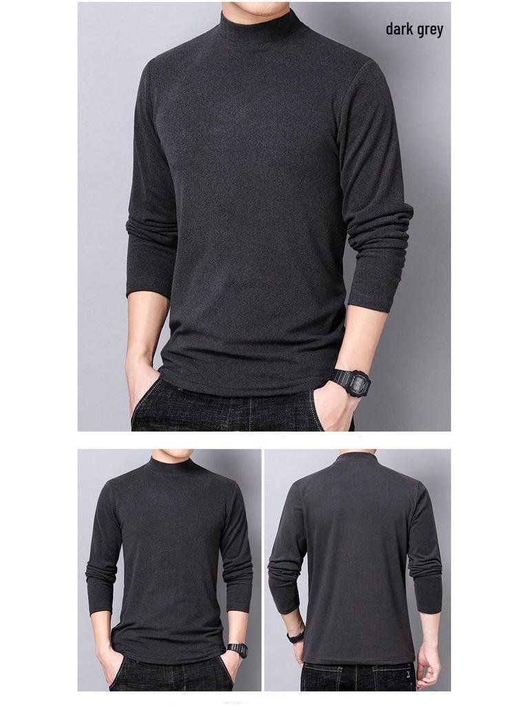 Мужская немецкая бархатная термофутболка с длинным рукавом: Воротник средней высоты, двухсторонний бархат, эластичная ткань, модная одежда на осень-зиму.