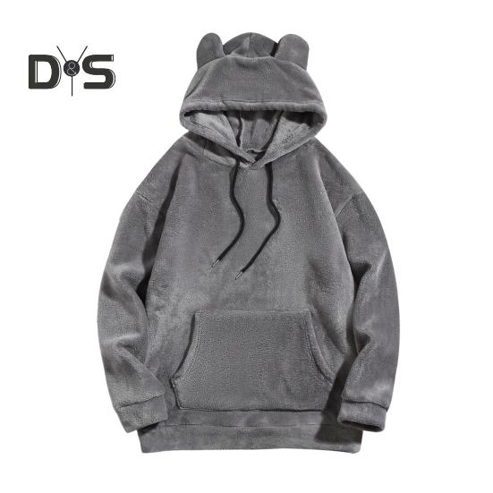 Зимняя мужская толстовка с капюшоном с декором в виде мультяшных ушей, двусторонний бархат с большим передним карманом, свободный длинный рукав, термотоп с эластичными манжетами, повседневная, на каждый день