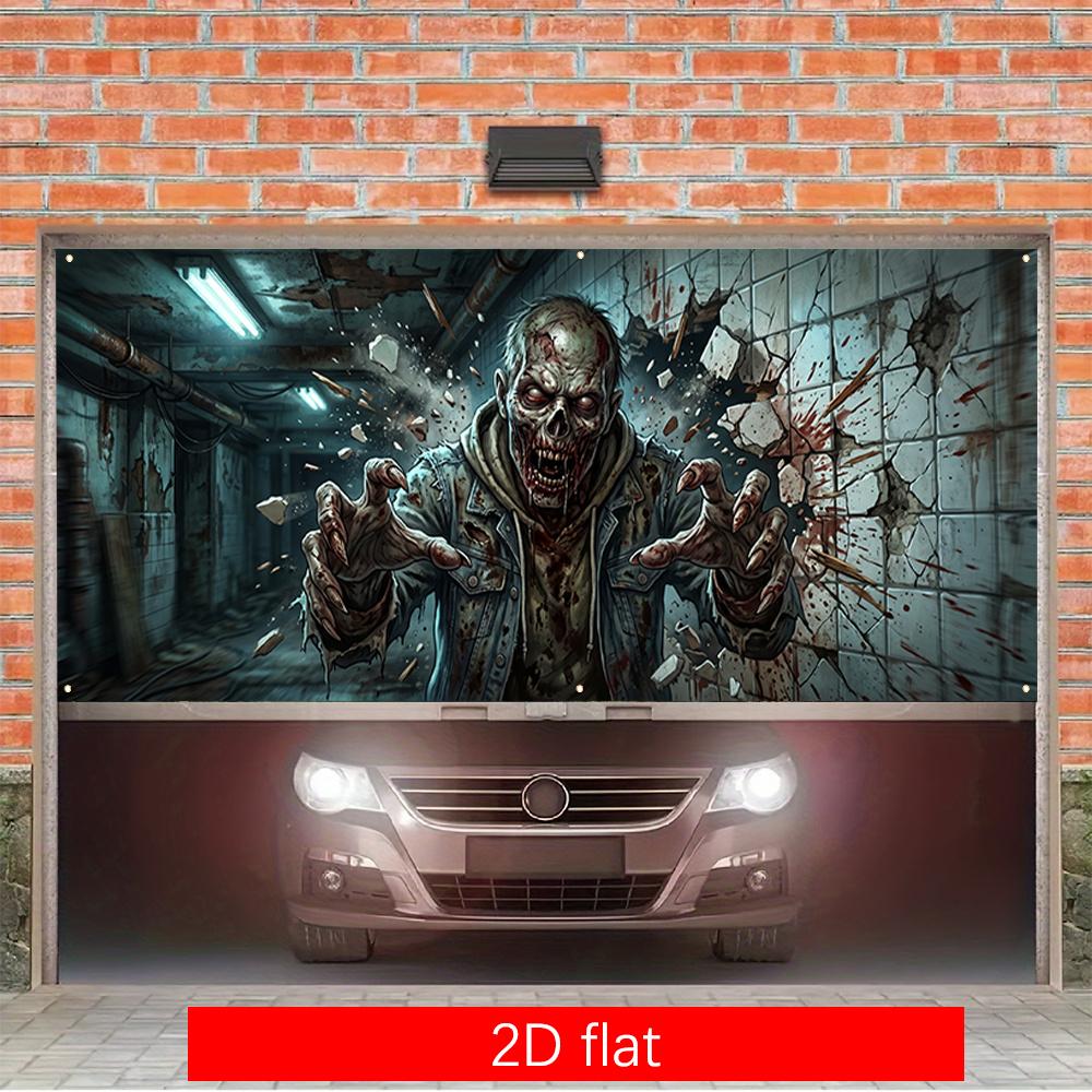 2D flat banner 1PC Large garage banner - Polyester material - Halloween wall-breaking zombie corridor scene