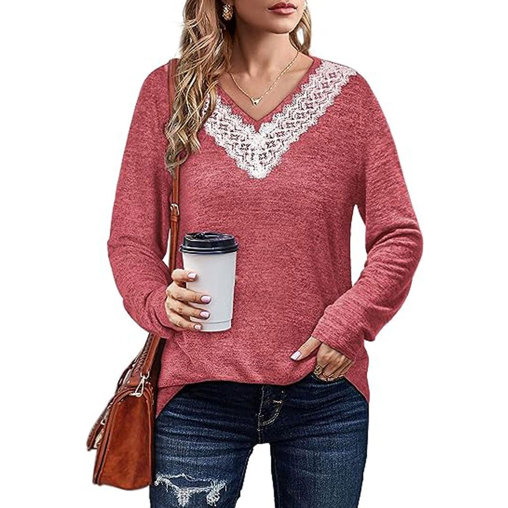 Женская осенне-зимняя новая однотонная кружевная свободная футболка с v-образным вырезом и длинными рукавами, топ
