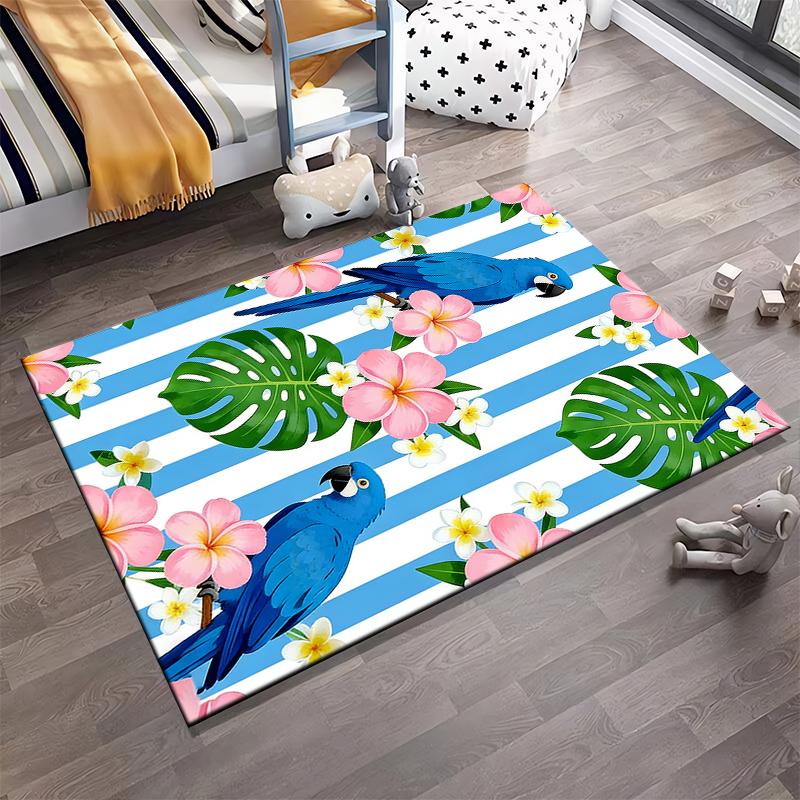 Blue Parrot Tropical Carpet with Flowers and Leaves, Striped Background Suitable for use as an anti-slip for living room bedroom sofas