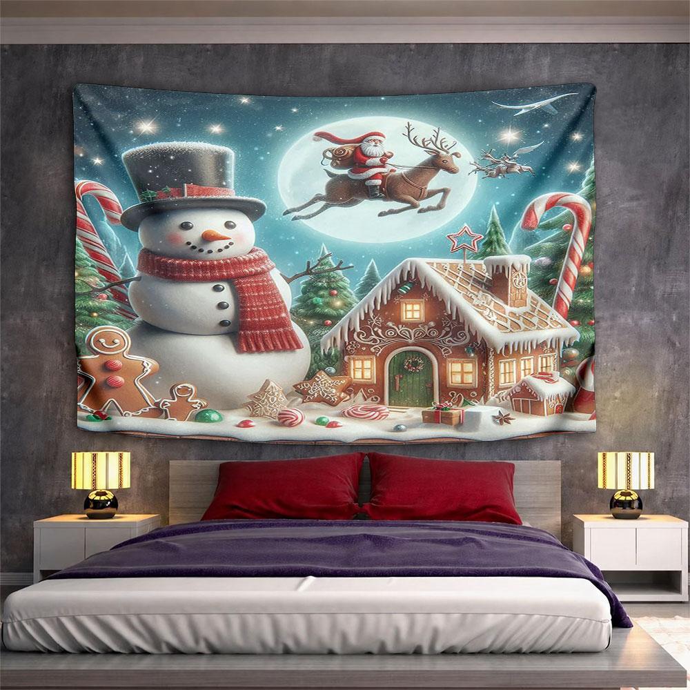 Snowman and Santa Christmas Scene Pattern Wall Hanging Tapestry Decorative Tapestry Home Decor for Bedroom and Living Room