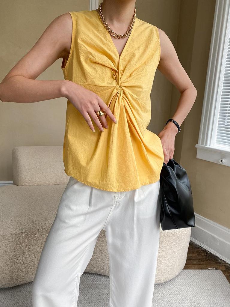 Sinan 3D Twisted French Pleated V-Neck Slim Sleeveless Vest SN3737