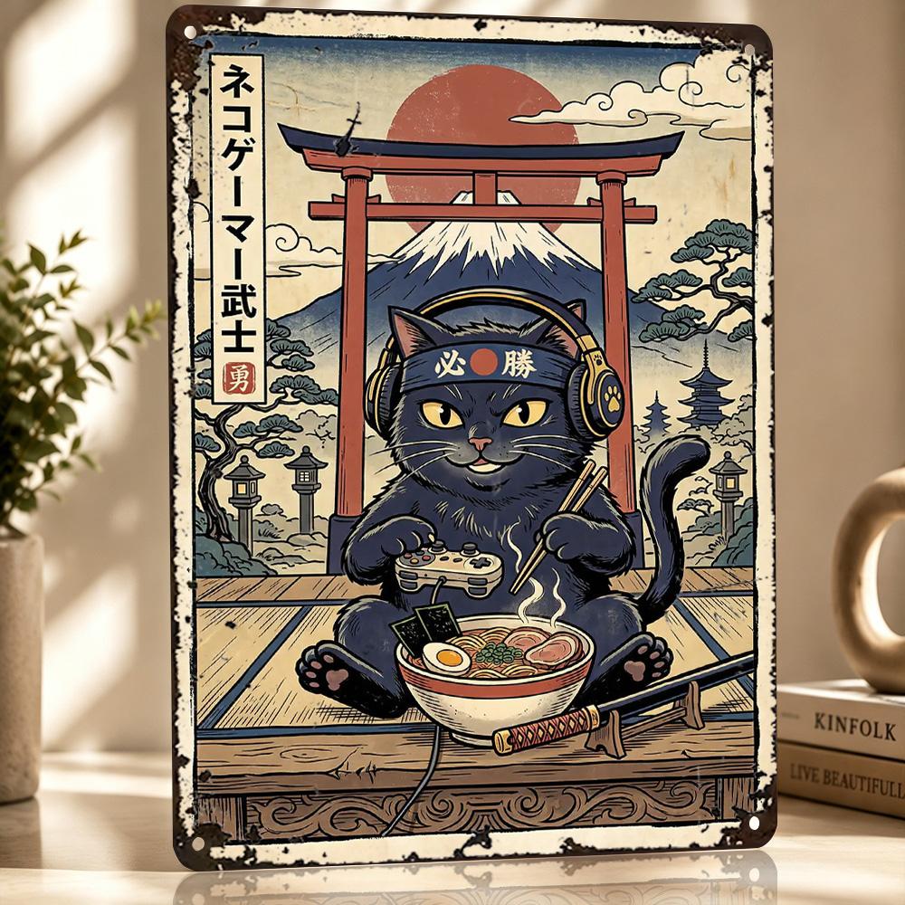 Gaming Samurai Cat Eating Ramen Metal Poster Perfect Gift for Fans Lovers Customized Wall Art Metal Sign for Vintage Decor Room