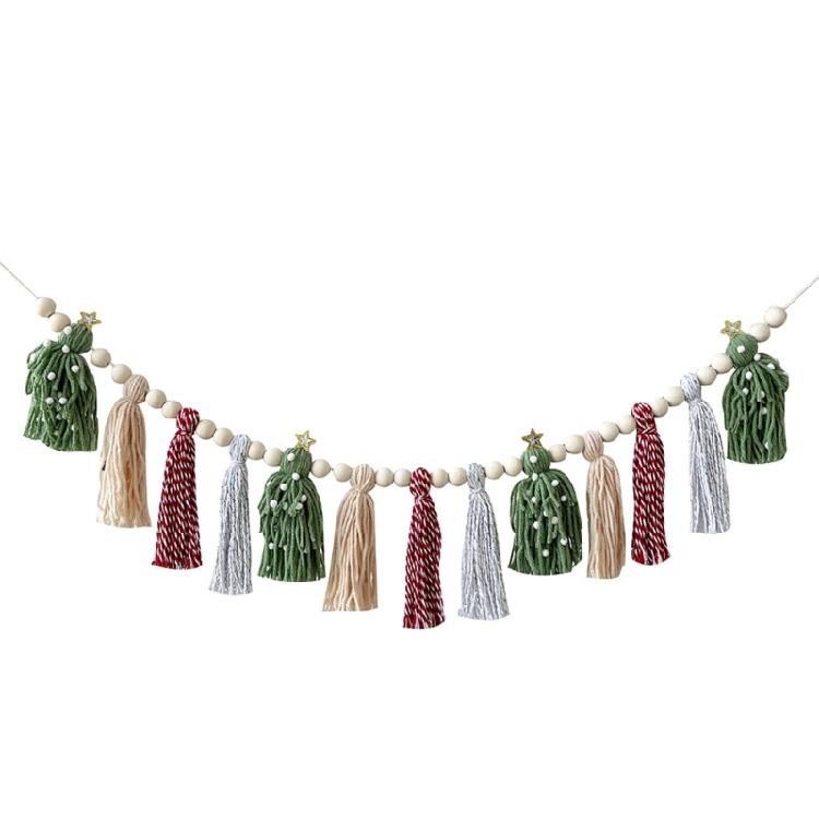 Christmas Garlands Decoration Cotton Tassels Garlands with Wood Beads Wall Hanging Bunting Banners Decors for Mantel