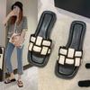 Black and White Plaid Slippers Women's Outer Wear 2024 Summer New Korean Version One-word Drag Flat Beach Shoes Sandals Women's Shoes