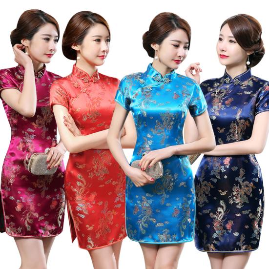 Women Chinese Dragon Phoenix Embroidery High Neck Short Sleeve Split Mini Dress