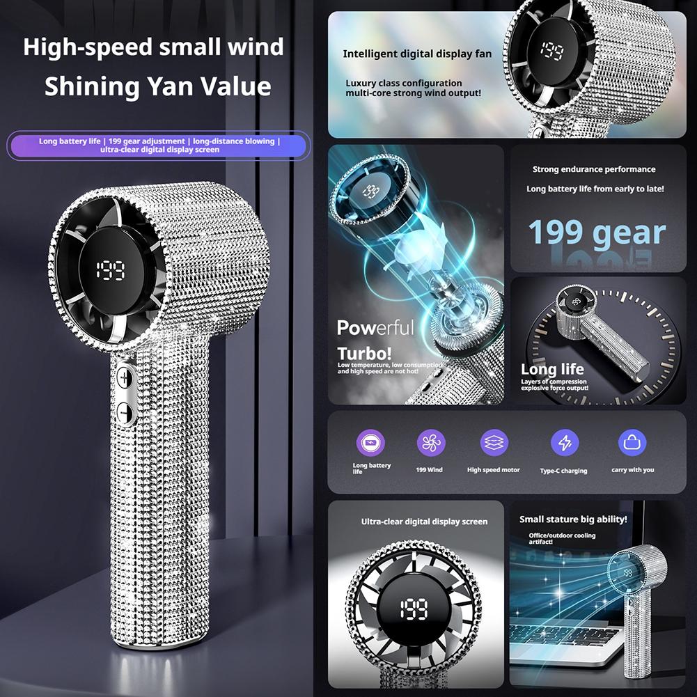 Full Diamond Luxury Craftsmanship Mini Fan Portable Handheld Turbo Fan 199 Gear Wind Long Battery Life With Digital Display