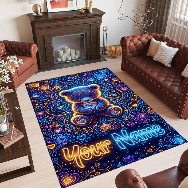 Teddy Bear Theme Crystal Velvet Rug Personalized Custom Name Text Soft Floor Mat Home Decor