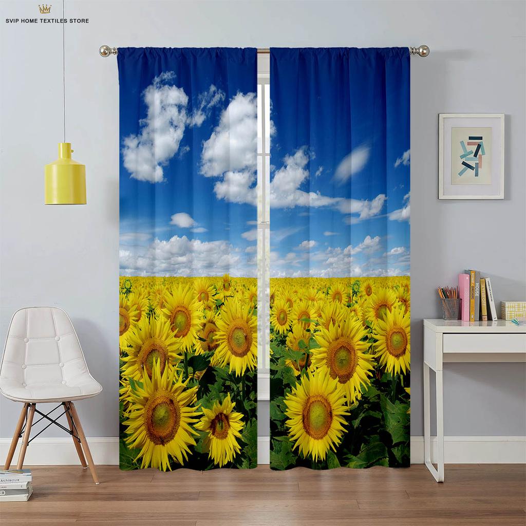 Шторы с цветочным и подсолнечным принтом, черный шелк, светонепроницаемые шторы, подходят для спальни, гостиной, кабинета, 2 штуки