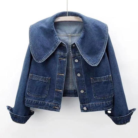 Women Denim Jacket Retro Single-breasted Doll Collar Long Sleeves Solid Color Side Pockets