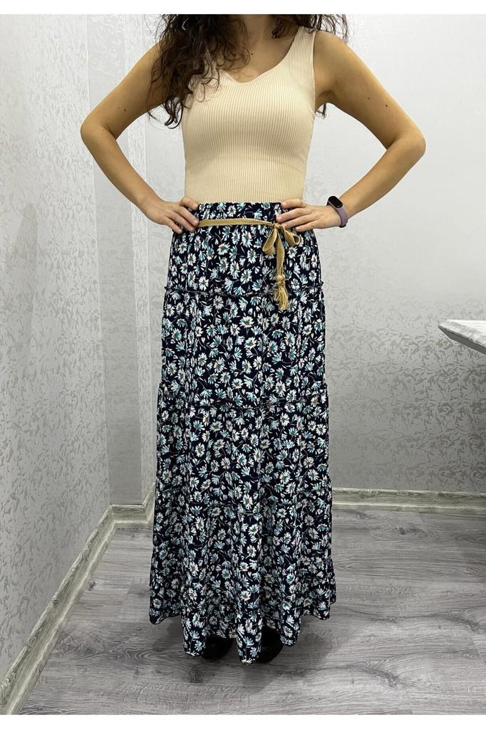 Women's Style Big Size Skirt Blue Floral Patterned Long Skirt With Elastic Waist
