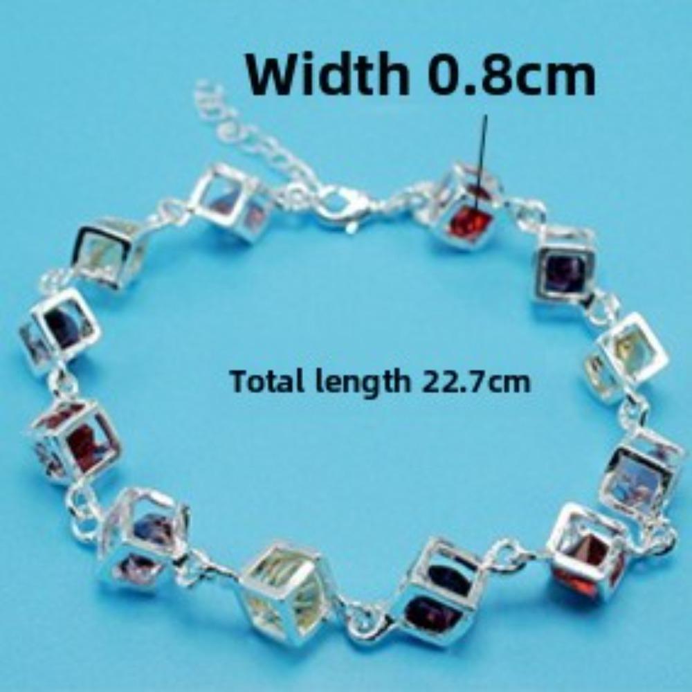 Silver Plated Copper Square Bracelet with White and Colorful Diamonds Elegant Jewelry for Women