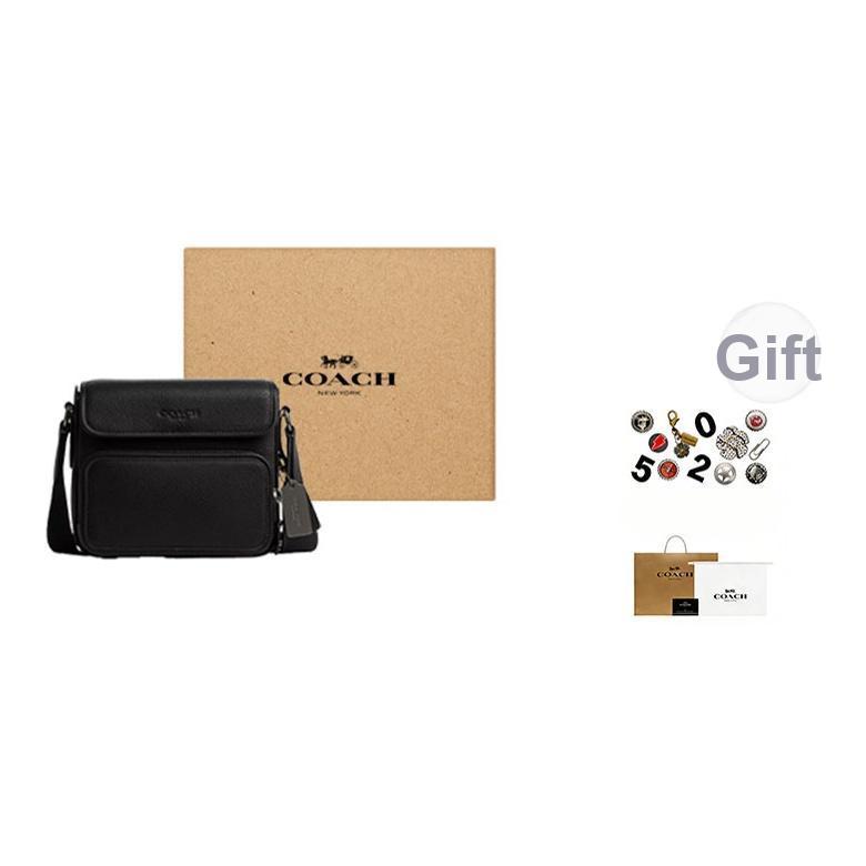 Coach Sullivan 20 Textured Logo Zipper Magnetic Closure Pebble Grain Leather Messenger Bag Men Shoulder Bag Black CN729-QBBK