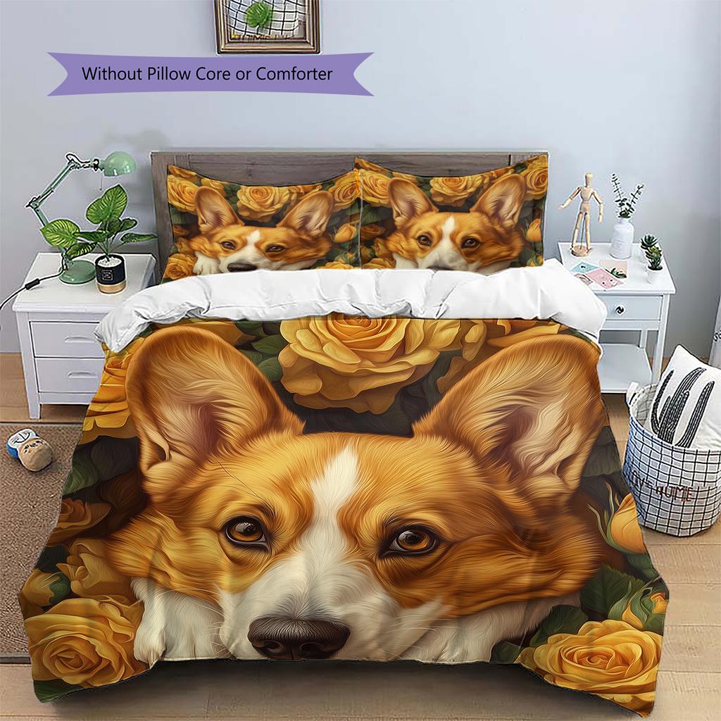 Постельное белье с узором Корги и Розы Домашний Декор Подарок на День Рождения (1 пододеяльник + 2 наволочки, без наполнителя)