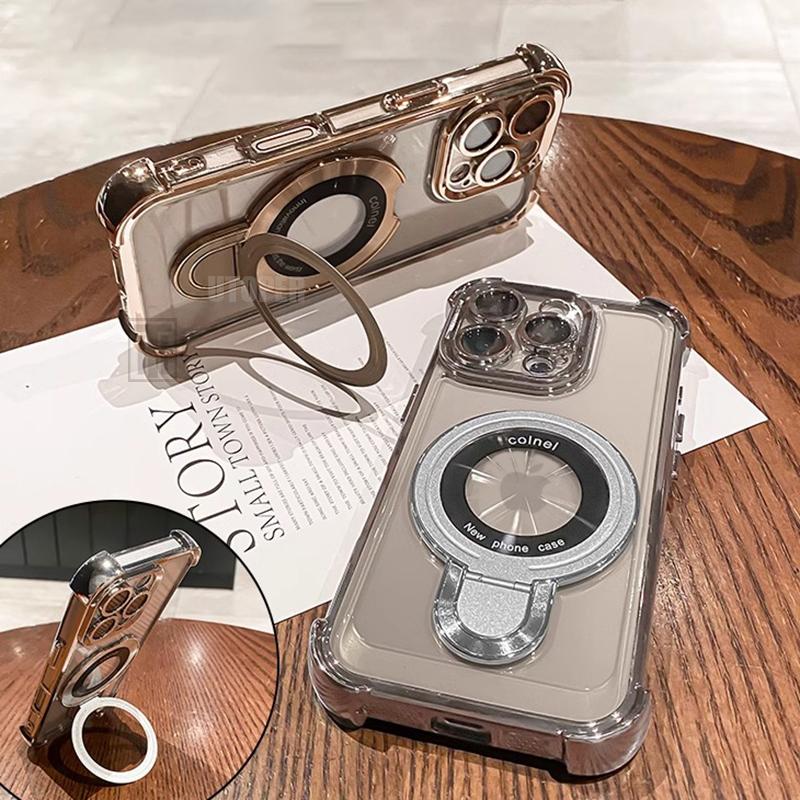 Luxury Shockproof Plating Soft TPU Bracket Phone Case for iPhone 16 15 14 13 11 12 Pro Max Plus Magsafe Magnetic Protect Cover