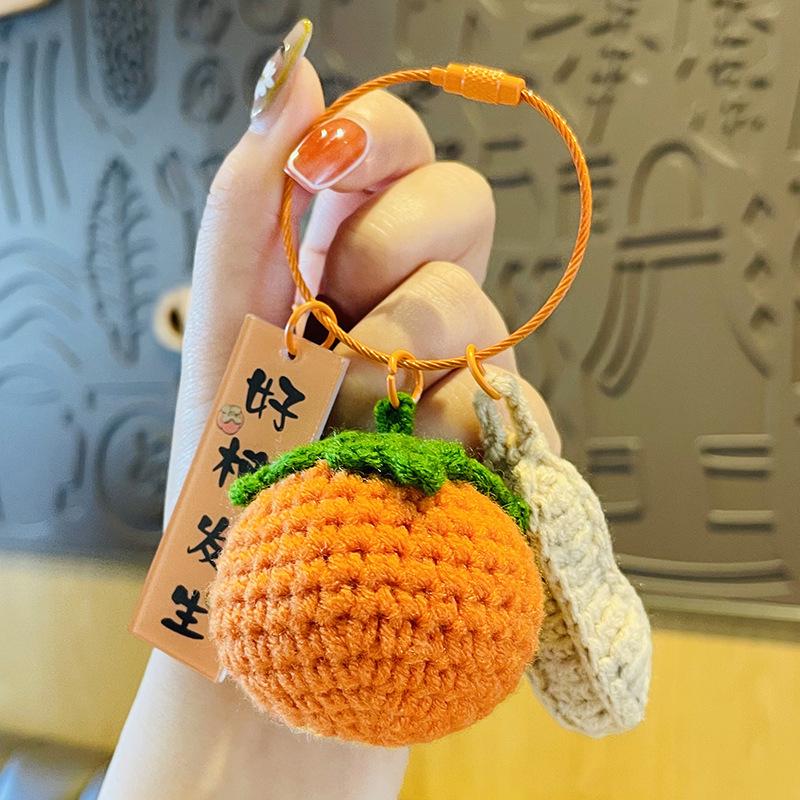 Plush Crocheted Persimmon Peanut Keychain Doll - Handmade Wool Pendant, Perfect New Year Gift