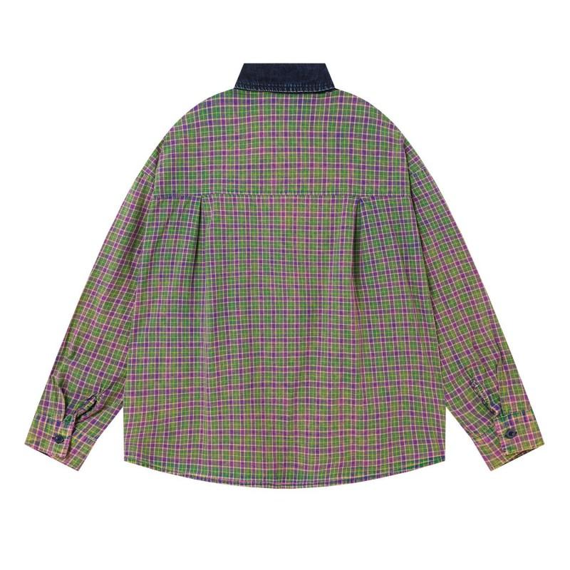 American Retro Cartoon Dog Embroidered Plaid Shirt Loose Long Sleeve Button Up Teen Boys