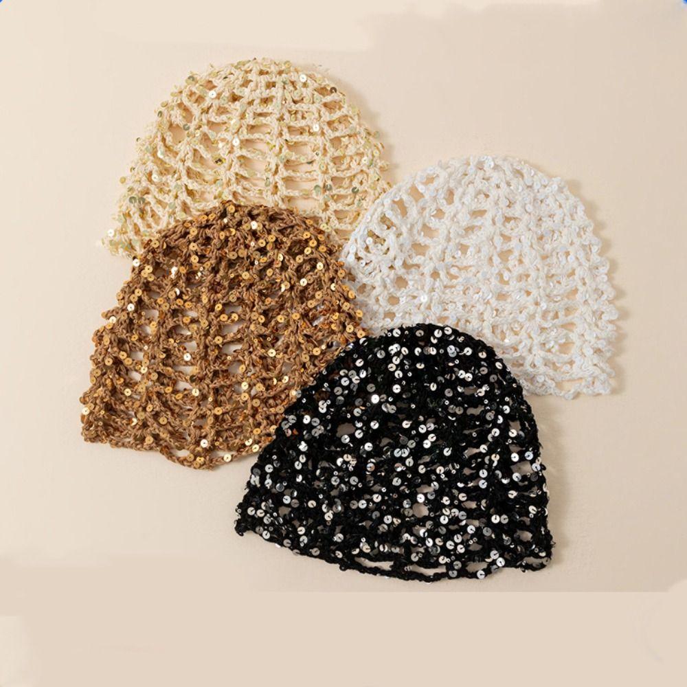 Thin Crochet Sequined Hat Elegant Bohemian Style Beanies Casual Weave Cap  Apparel Accessories