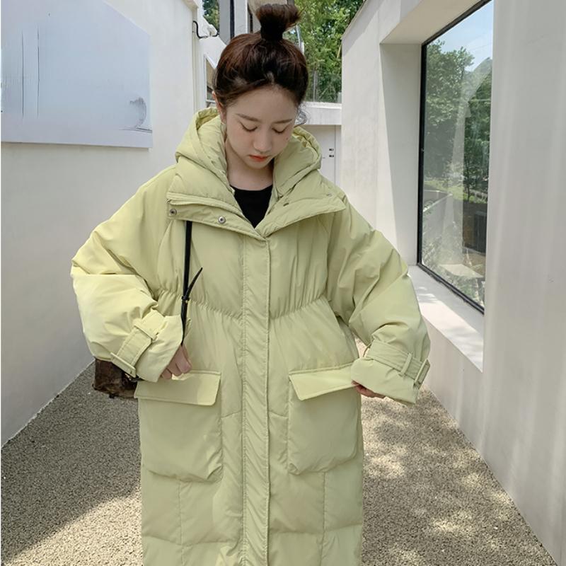 Женский зеленый пуховик с капюшоном, длинная хлопковая одежда, новая зимняя корейская мода, свободные теплые утолщенные ветрозащитные пальто большого размера, топы