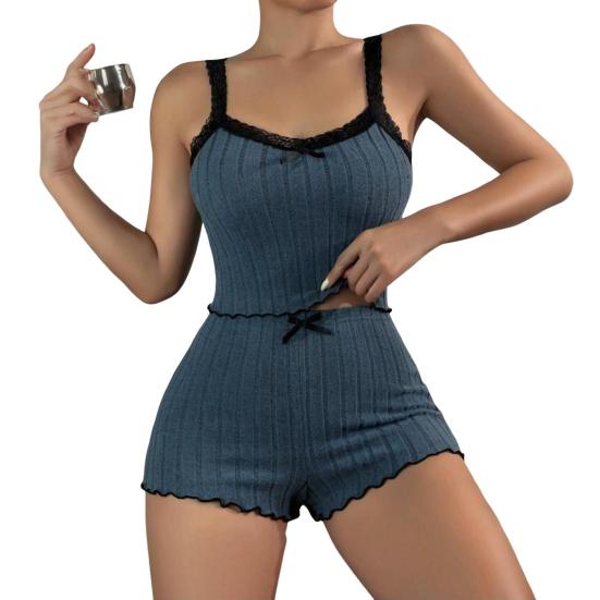 2 Pcs/Set Women Summer Pajamas Suit Shirring Edge Sleeveless Backless Crop Top Lace Bow Decor High Waist Mini Shorts Daily Nightie Slim Fit Sleepwear