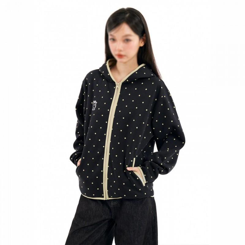 Oversized Hooded Zip-Up Sweatshirt With Polka Dot Contrast Design Unisex Casual Streetwear