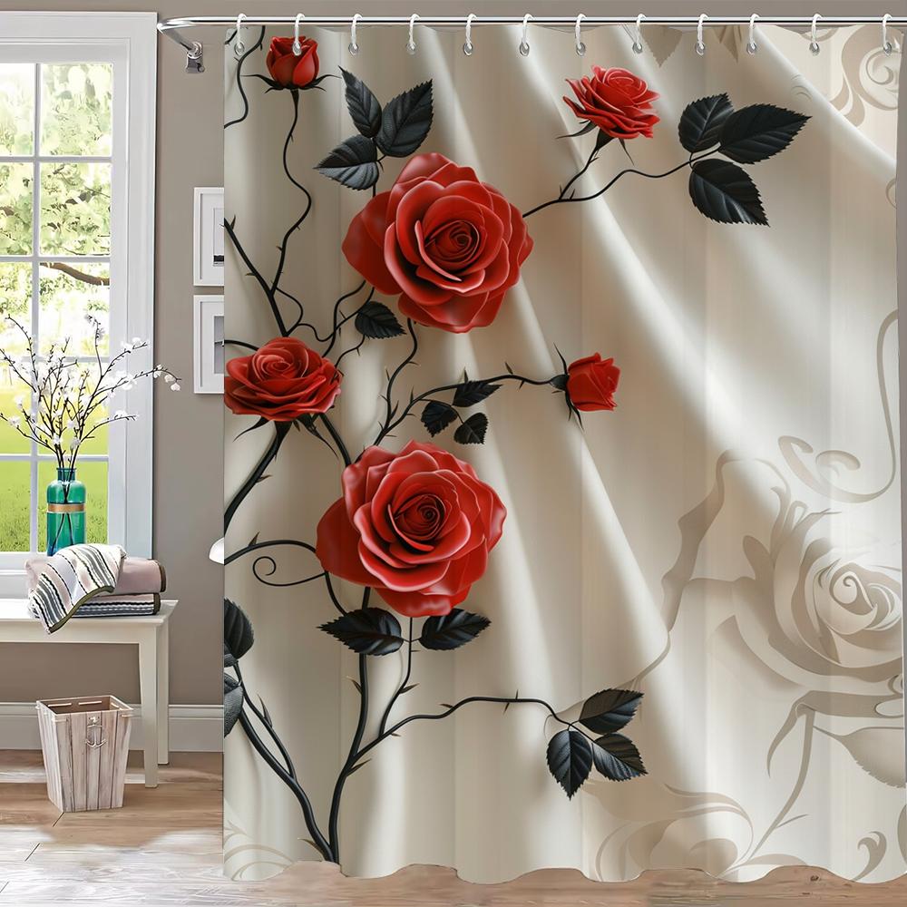 1 шт. Романтичная красная роза Цветок Занавеска для душа, Декоративная занавеска для ванной, Печатная полиэстеровая домашняя занавеска с крючками