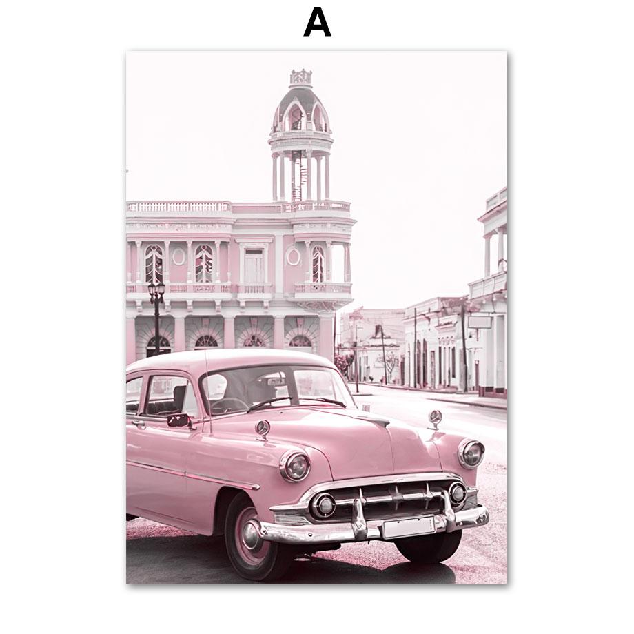 Pink Flower Balcony Tower Paris Car Bicycle Umbrella Wall Art Print Canvas Painting Nordic Poster Decor Pictures For Living Room