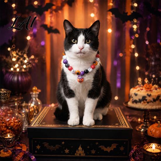Festive Decorative Accessories for Kittens Halloween Beaded Pet Necklace Wooden Bead Cat Collar Pumpkin or Ghost Lightweight Comfortable Neck Decor