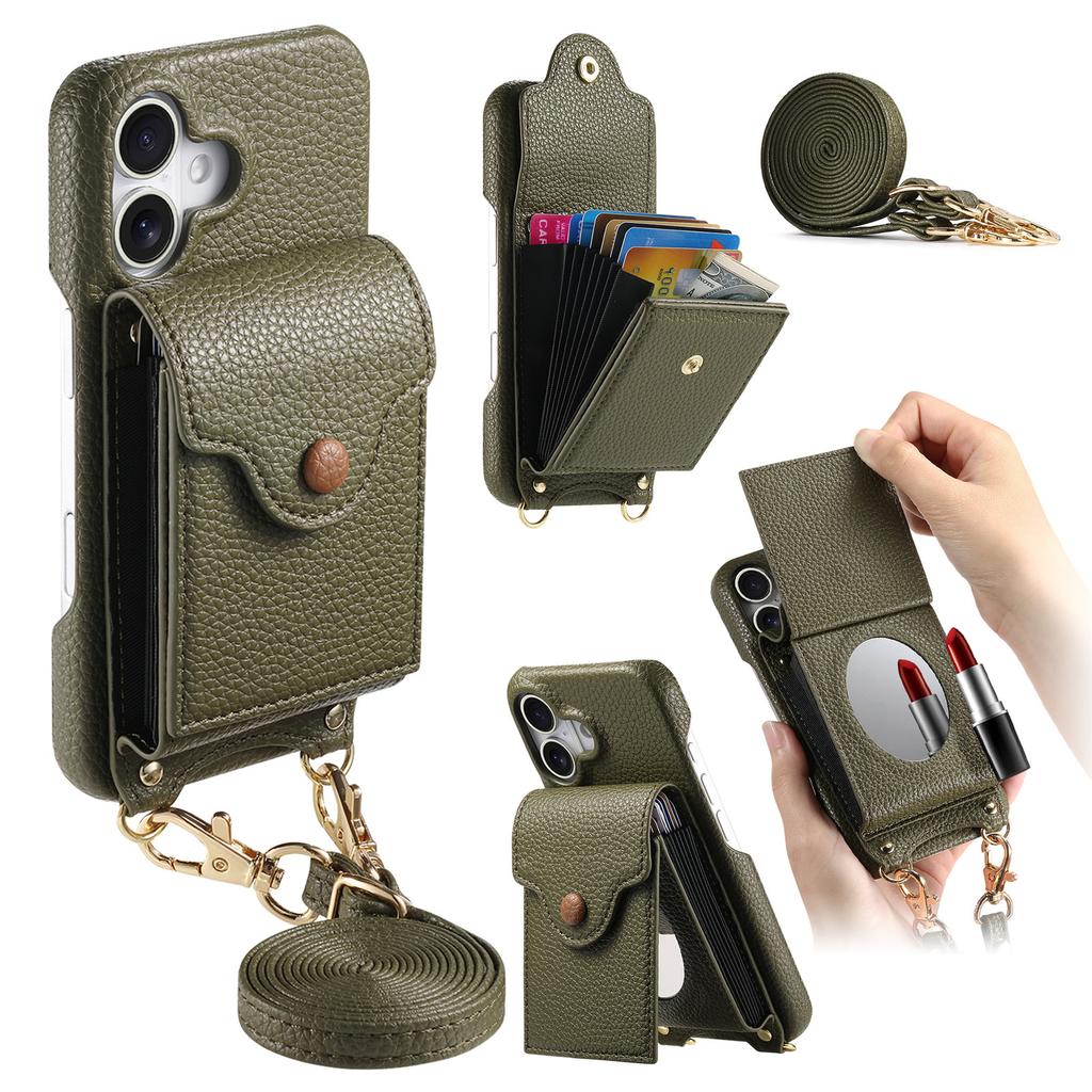 Чехол для iPhone 16 с зеркалом, держателем для карт, кожаной задней крышкой телефона с текстурой личи и длинным ремешком