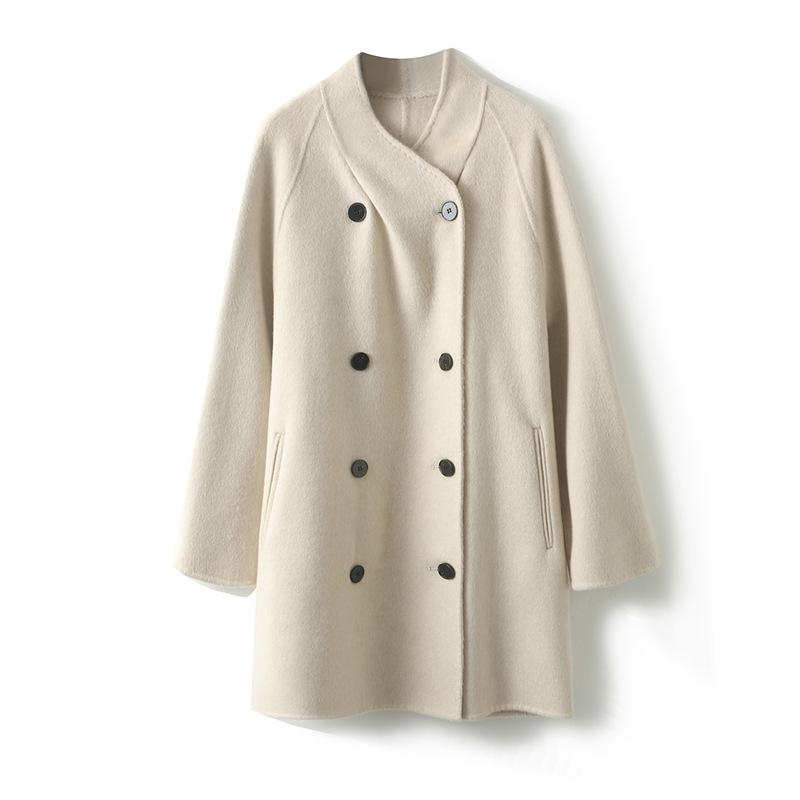 2025 Autumn/Winter Women's Stand Collar Double-Faced Medium Cocoon Alpaca Wool Coat