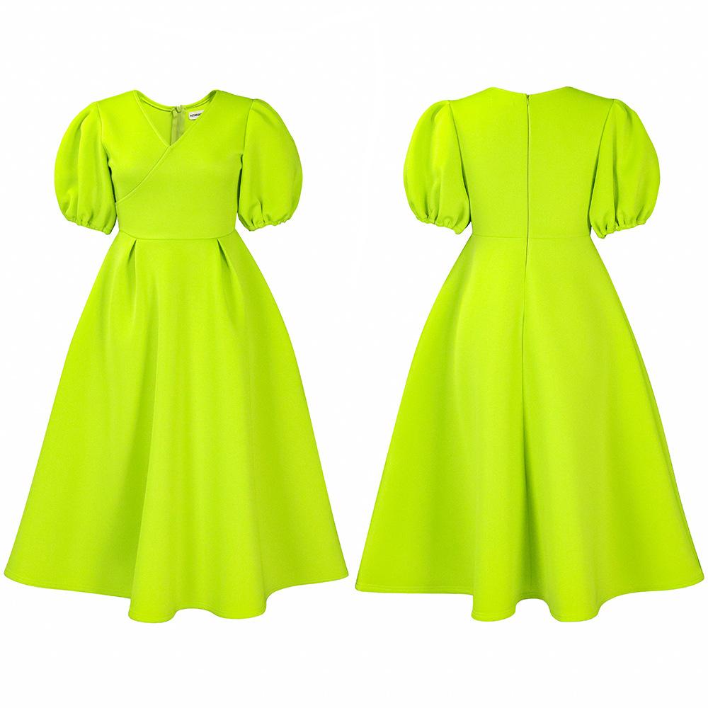 Женское модное однотонное платье большого размера, элегантное цельное платье с v-образным вырезом и пышными рукавами