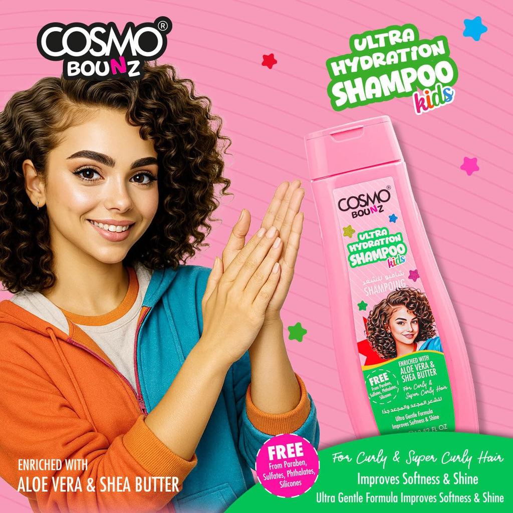 Cosmo Bounz Уход за волосами Ультраувлажнение для детских волос Шампунь 400 мл Розовый, С кукурузным крахмалом, кокосовым и авокадовым маслом, Мягкий ежедневный детский шампунь, Питает