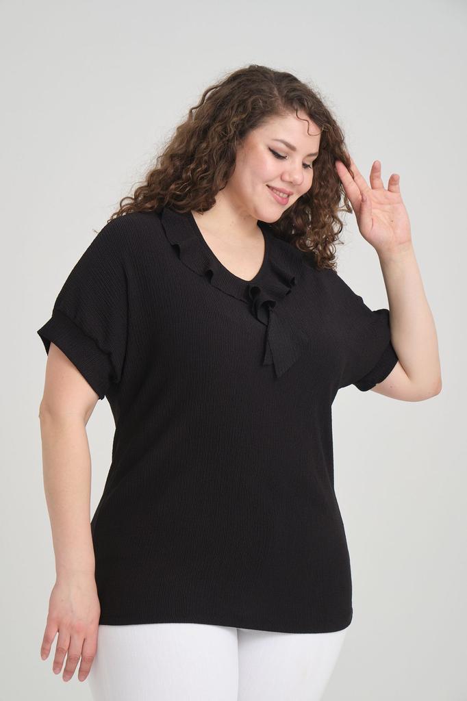 Women's Big Size Blouse Black Shawl Collar Plus Size Blouse