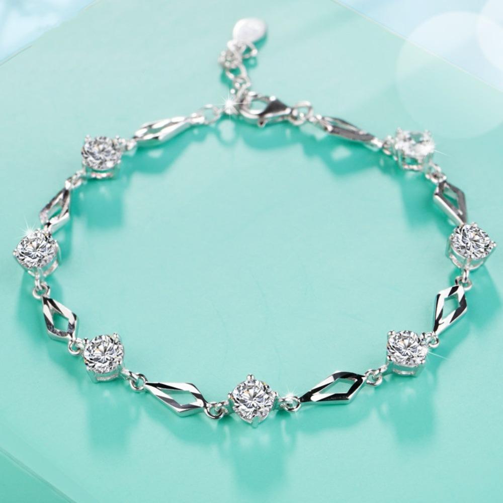 925 Silver Plated Diamond Cut Rhombus Bracelet for Women Elegant Fashion Jewelry Gift