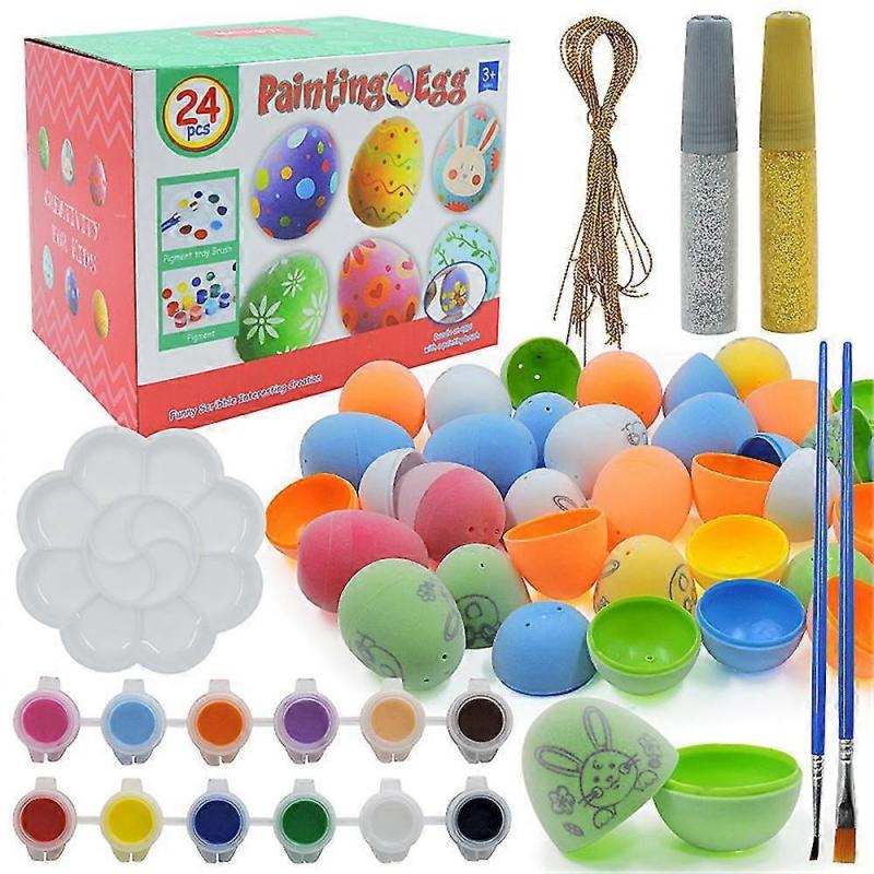 24pcs Easter Painting Eggs Hanging Plastic Easter Eggs With Rope, Diy Eggs Decoration For Party Favors