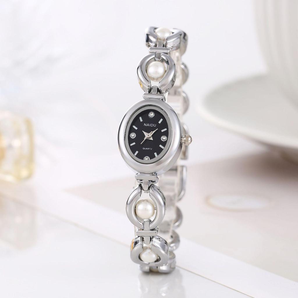 Fashionable Elegant Ladies' Pearl Strap Oval Quartz Wristwatch For Daily Wear Holiday Watch for Women