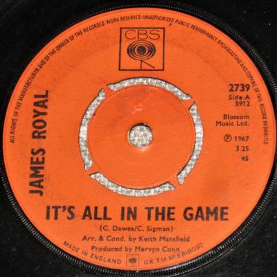7-дюймовая пластинка JAMES ROYAL - It's All In The Game 2739 CBS 1967 UK Соул/Фанк Б/У