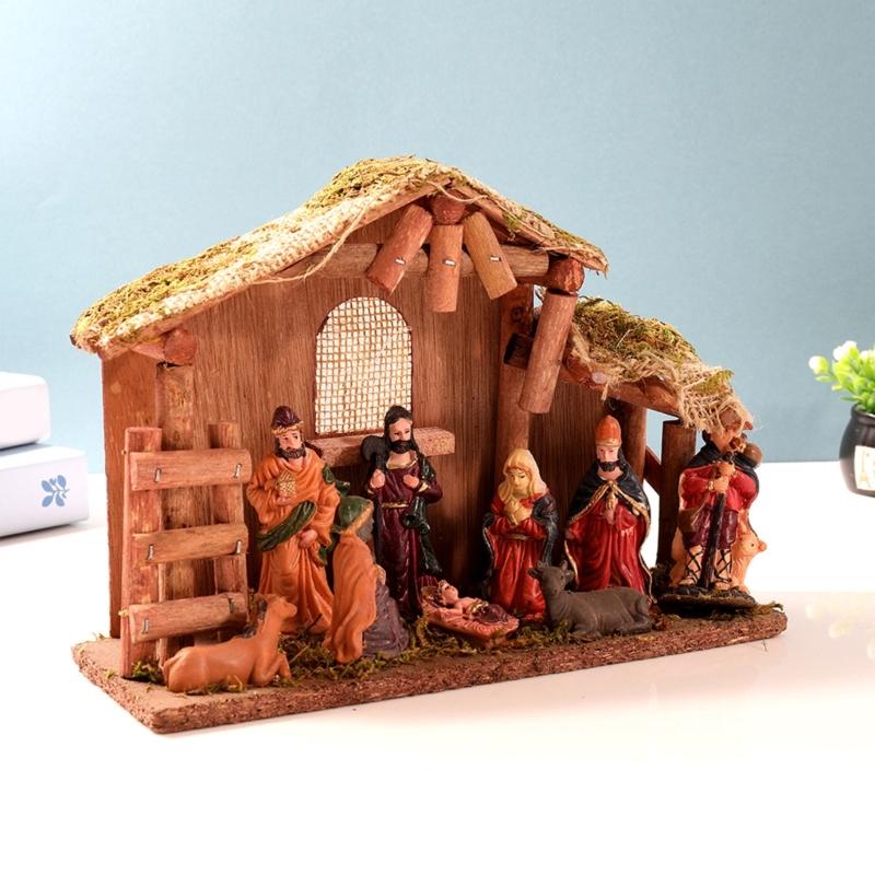 Mini Christmas Nativity Set Holy Family Resin Figurine Statue with Stable Miniature Christmas Nativity Scene Sculptures